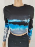 Fashion Print Long Sleeve Tops And Long Skirt 2 Piece Set FENF-289