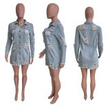 Fringed Single-breasted Hole Long Denim Jacket LX-3562
