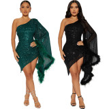 Slant Shoulder Irregular Sequin Midi Dress CYA-900846