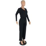 Casual V Neck Solid Long Sleeve Pants Two Piece Set YH-5323