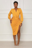 Solid V Neck Irregular Midi Dress GYLY-10307