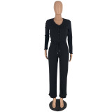 Casual V Neck Solid Long Sleeve Pants Two Piece Set YH-5323