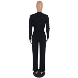 Casual V Neck Solid Long Sleeve Pants Two Piece Set YH-5323