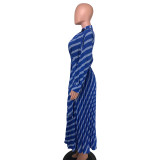 V Neck Stripe Print Pleated Maxi Dress NK-8632
