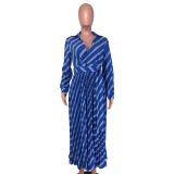 V Neck Stripe Print Pleated Maxi Dress NK-8632