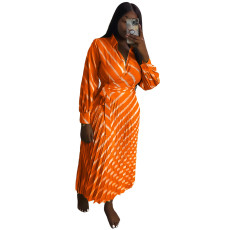 V Neck Stripe Print Pleated Maxi Dress NK-8632