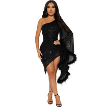Slant Shoulder Irregular Sequin Midi Dress CYA-900846