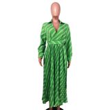 V Neck Stripe Print Pleated Maxi Dress NK-8632