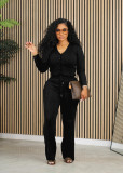 Casual V Neck Solid Long Sleeve Pants Two Piece Set YH-5323