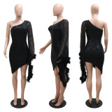 Slant Shoulder Irregular Sequin Midi Dress CYA-900846