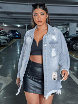 Fringed Single-breasted Hole Long Denim Jacket LX-3562