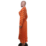 V Neck Stripe Print Pleated Maxi Dress NK-8632