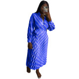 V Neck Stripe Print Pleated Maxi Dress NK-8632