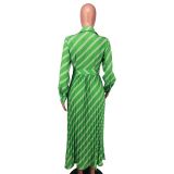 V Neck Stripe Print Pleated Maxi Dress NK-8632