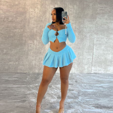 Plush Long Sleeve Cardigan TopTwo Piece Skirt Set BN-9437