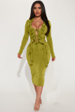 Tie Up Ruffles Long Sleeve Tops And Skirt Two Piece Set ME-8460