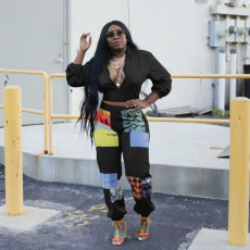 Casual Print Long Sleeve Zipper Two Piece Pants Set HMS-6361