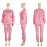 Solid Color O Neck Plush Sweatshirt Two Piece Pants Set ME-8453