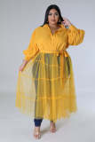 Plus Size Solid Bubble Sleeve Mesh Patchwork Maxi Dress OSM-4501