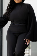 Plus Size Solid Color Patchwork Satin Long Sleeve Pants Two-Piece Set OD-8638