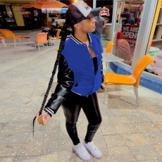 Fashion Color Block Leather Sleeve Baseball Jacket WMEF-20036