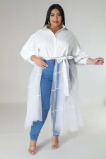 Plus Size Solid Bubble Sleeve Mesh Patchwork Maxi Dress OSM-4501