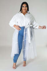 Plus Size Solid Bubble Sleeve Mesh Patchwork Maxi Dress OSM-4501