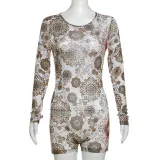 Sexy Backless Print Long Sleeve Skinny Romper XEF-36634
