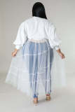 Plus Size Solid Bubble Sleeve Mesh Patchwork Maxi Dress OSM-4501