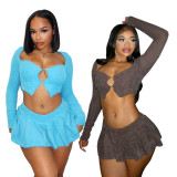 Plush Long Sleeve Cardigan TopTwo Piece Skirt Set BN-9437