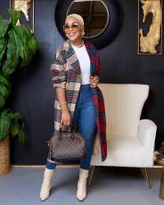 Plaid Color Blocking Long Sleeve Long Coat ZDF-31303