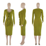Tie Up Ruffles Long Sleeve Tops And Skirt Two Piece Set ME-8460