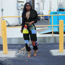Casual Print Long Sleeve Zipper Two Piece Pants Set HMS-6361