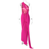 Sexy Backless Pleated Slim Solid Sleeveless Dress BLG-D3312176A