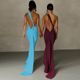 Sexy Backless Pleated Slim Solid Sleeveless Dress BLG-D3312176A
