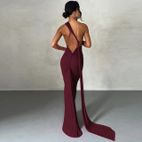 Sexy Backless Pleated Slim Solid Sleeveless Dress BLG-D3312176A