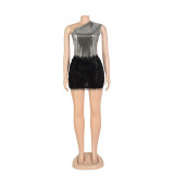 Sexy Slash Shoulder Solid Bodysuit And Mini Skirt 2 Piece Set AIL-AL238