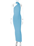 Sexy Backless Pleated Slim Solid Sleeveless Dress BLG-D3312176A