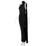 Sexy Backless Pleated Slim Solid Sleeveless Dress BLG-D3312176A