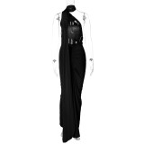 Sexy Backless Pleated Slim Solid Sleeveless Dress BLG-D3312176A