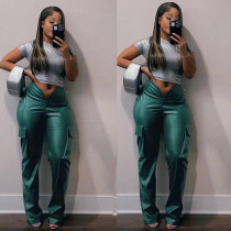 Fashion Deep V Solid Color PU Leather Pant MEM-88529