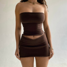 Sexy Solid Wrap Chest And Skirt Slim Two Piece Set BLG-S258559A