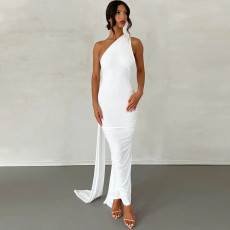 Sexy Backless Pleated Slim Solid Sleeveless Dress BLG-D3312176A