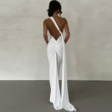 Sexy Backless Pleated Slim Solid Sleeveless Dress BLG-D3312176A