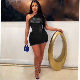 Sexy Slash Shoulder Solid Bodysuit And Mini Skirt 2 Piece Set AIL-AL238