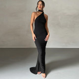 Sexy Backless Pleated Slim Solid Sleeveless Dress BLG-D3312176A