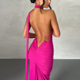 Sexy Backless Pleated Slim Solid Sleeveless Dress BLG-D3312176A
