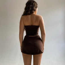 Sexy Solid Wrap Chest And Skirt Slim Two Piece Set BLG-S258559A