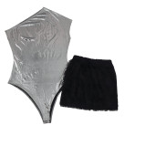 Sexy Slash Shoulder Solid Bodysuit And Mini Skirt 2 Piece Set AIL-AL238