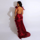 Sexy Feather Halter High Split Sequin Backless Dress CYA-900214